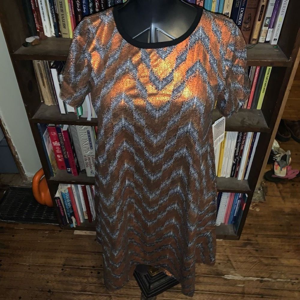 Lularoe copper & gray chevron Elegant S Carly high low dress